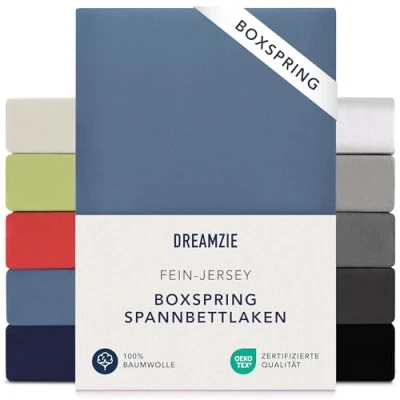 Abbildung von Dreamzie Premium Spannbettlaken 90x200 cm 100x200 37cm Seitenhöhe auch für Boxspringbett &amp; Wasserbett Bettlaken 100% Jersey Baumwolle, 150 g/m² Oeko TEX Blau