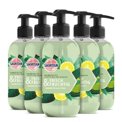 Abbildung von Sagrotan Handseife Frisch und Fruchtig Feuchtigkeitsspendende Flüssigseife mit fruchtigem Duft 5 x 300 ml