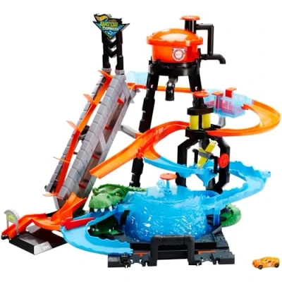 Abbildung von Hot Wheels Autorennbahn mit Krokodil und Autowaschanlage, Farbwechseleffekt, inkl. 1 Spielzeugauto, Auto Spielzeug, Spielzeug ab 5 Jahre, FTB67