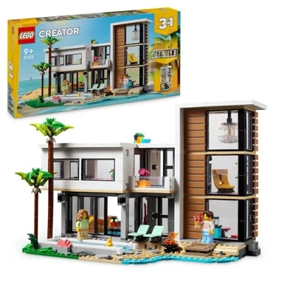 Abbildung von LEGO Creator Modernes Haus, 3 in 1 Set zum Umbauen EIN Stadthaus oder eine Waldhütte, Modellhaus, Geschenkidee für Jungen und Mädchen ab 9 Jahren, Lernspielzeug 31153