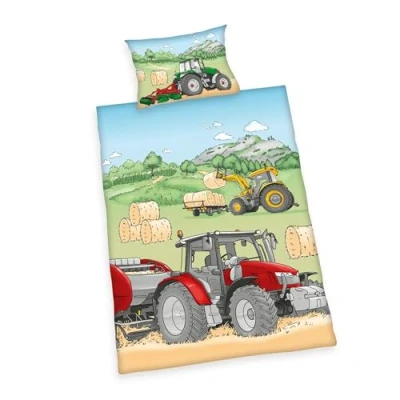 Abbildung von Herding Traktor Bettwäsche Set, Made IN Green by Oeko TEX, Kopfkissenbezug ca. 40 x 60 cm, Bettbezug 135 100 Mit Knopfverschluss, 100% Baumwolle/Flanell, Weiß/Beige