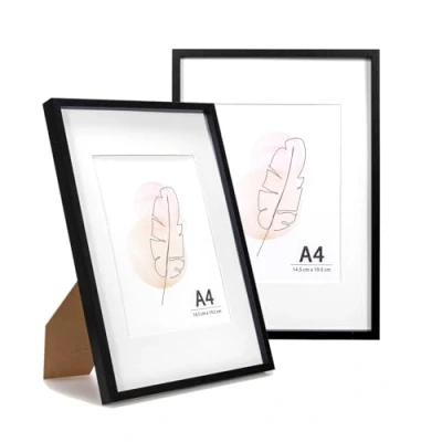 Abbildung von KAIWIN Bilderrahmen A4 Schwarz Holz Fotorahmen 2er Set Holzrrahmen mit Passepartout zum aufhängen und aufstellen Benutzt für Wohnzimmer, Schlafzimmer, Arbeitszimmer, Fotos, Kunstwerke Poster