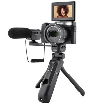 Abbildung von AGFA Photo All in one Vlogging Set: Kamera VLG 4K Optical, Powerbank Stativ, Fernbedienung, Mikrofon und Micro SD Karte (32 GB) Verewigen Sie Ihre besonderen Momente stilvoll 4K! Schwarz