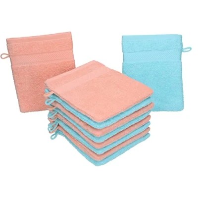 Abbildung von Betz 10 Stück Waschhandschuhe Palermo 100% Baumwolle Waschlappen Set Größe 16x21 cm Farbe türkis und apricot
