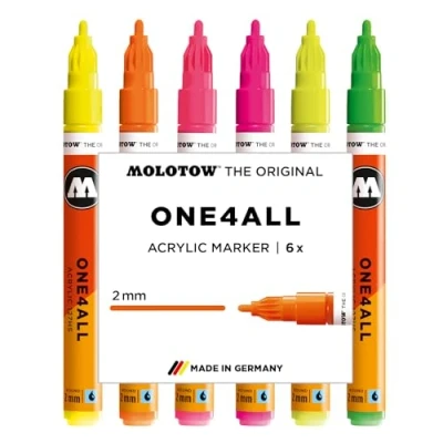 Abbildung von Molotow One4All 127HS Acryl Marker Neon Set (2,0 mm Strichstärke, hochdeckend und permanent, schnell trocknend, nachfüllbar, für fast alle Untergründe) 6 Stück sortiert