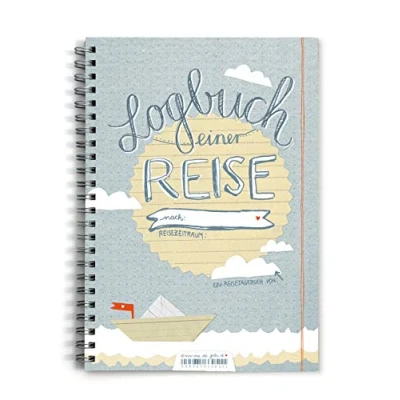 Abbildung von Reisetagebuch Logbuch einer Reise Tagebuch zum Schreiben mit Wetter , Stimmungs und Zitatfeldern, blau, dotted, A5
