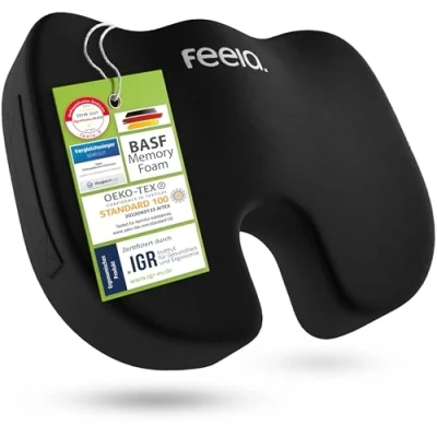 Abbildung von feela.® Orthopädisches Sitzkissen [3 Härtegrade] Ergonomisches für Bürostuhl &amp; Co Wirkt Schmerzreduzierend, Erhöht Sitzkomfort, Fördert Durchblutung und Entlastet das Steißbein (Weich)