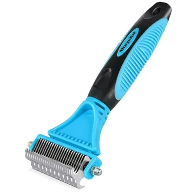Abbildung von Hundebürste Katzenbürste 12+23 Haustier Edelstahlkamm, doppelseitiges DeShedding Tool für Hunde zum Entfernen unerwünschter Haare Entwirren von Knoten Blau