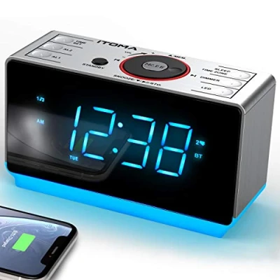 Abbildung von iTOMA Radiowecker mit Bluetooth Lautsprecher, FM Radio, Dual Wecker Snooze, große LED Anzeige, Dimmer Steuerung, USB Ladeausgang und Nachtlicht CKS708