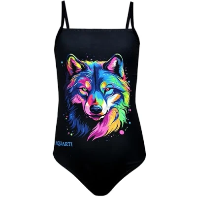 Abbildung von Aquarti Mädchen Badeanzug mit Spaghettiträgern Streifen Sport Mädchen, Chlorresistent, Farbe: Wolf/Schwarz, Größe: 134