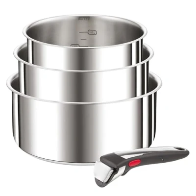 Abbildung von Tefal L898S3 Ingenio Preference On 3 teiliges Kasserollen Set, abnehmbarer Griff Backofengeeignet bis 250C ohne geeignet für alle Herdarten unklusiv Induktion Edelstahl, 16/18/20 cm