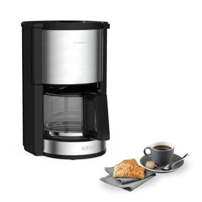 Abbildung von Krups KM3210 Pro Aroma Plus Filterkaffeemaschine 10 Tassen 1,25 L 30 Minuten Warmhaltefunktion sichtbares Wasserstands Fenster Tropfstopp System Schwarz mit Edelstahlapplikationen