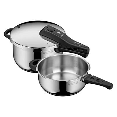 Abbildung von WMF Perfect One Pot Schnellkochtopf Induktion Set 2 teilig, Dampfkochtopf 4,5l + 3l, großes Kochsignal, Kochstufen, abnehmbarer Deckelgriff, für alle Herdarten geeignet, Edelstahl