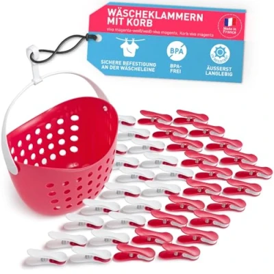 Abbildung von culiclean Wäscheklammern stabil ohne Abdruck Soft Clips mit Wäscheklammernkorb 40 Stück Wäscheklammernkorb/Viva Magenta weiß/weiß Viva Korb Henkel weiß statt Beutel