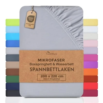 Abbildung von NatureMark Microfaser Boxspringbett &amp; Wasserbett Spannbettlaken 200 x 220 cm 40 Steghöhe 200x220cm Spannbetttuch 100% Polyester, Silber/Hellgrau