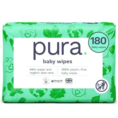 Abbildung von Pura Spülbare Öko Baby Feuchttücher für empfindliche Babyhaut, 1080 Tücher (18 x 60 Tücher), Monatsbox, 99% Wasser, 100% Plastikfrei, Sensible, zu Ekzemen Neigende Haut, Biologisch Abbaubar