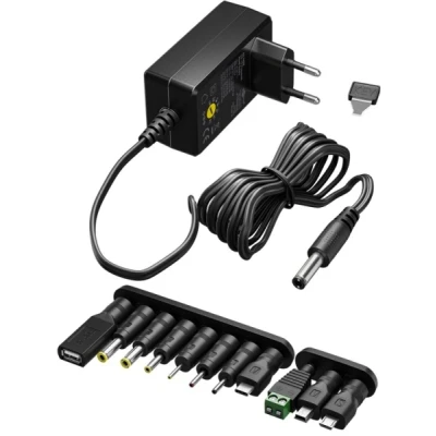 Abbildung von goobay 64568 Universal Netzteil 3 V 12 V, max. W / DC Wechseladapter Ersatznetzteil für TV, Router, LED Streifen Variable Spannung USB C, A, Micro inkl. 11 Adapter