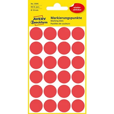 Abbildung von AVERY Zweckform 3595 selbstklebende Markierungspunkte 96 Stück (Ø18mm, ablösbare Klebepunkte auf 4 Bogen, Farbcodierung, runde Aufkleber für Kalender, Planer und zum Basteln, Papier) rot