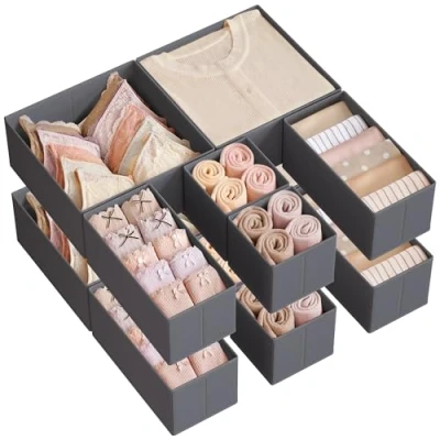 Abbildung von SONGMICS Aufbewahrungsbox für Schublade, 12er Set, Schubladen Organizer, Faltbox, Unterwäsche Stoffbox Socken, Unterwäsche, BHs, Krawatten und Schals, schiefergrau RDZ006G03