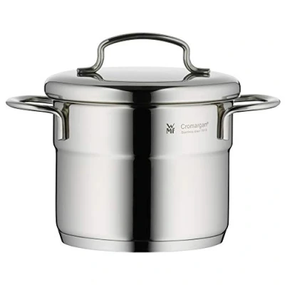 Abbildung von WMF Mini Kochtopf klein 12cm, Metalldeckel, Fleischtopf Induktion 1l, Cromargan Edelstahl, stapelbar, für kleine Portionen, Singlehaushalte