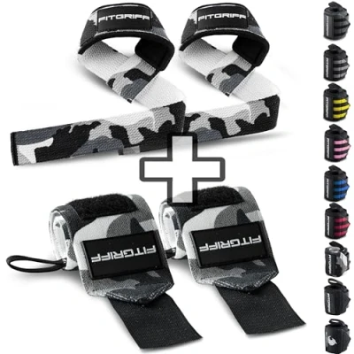 Abbildung von Fitgriff® Handgelenk Bandagen + Zughilfen (2er Set) für Krafttraining, Fitness, Bodybuilding, Gewichtheben, Gym, Kraftsport Frauen und Männer (Camo)
