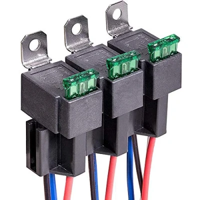 Abbildung von Gebildet 3Stück 12V Sicherungsrelais 30A ATO/ATC Flachsicherung mit Kabelbaumsatz, 4 polige SPST Relais für den Automobilbereich 12 AWG Hochleistungskabeln