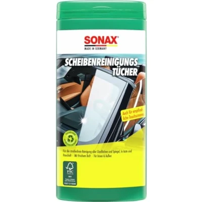 Abbildung von SONAX ScheibenReinigungsTücher Box (25 Stück) zur schnellen, einfachen und streifenfreien Reinigung von allen Glas Spiegelflächen Art Nr. 04120000