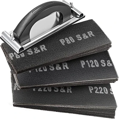 Abbildung von S&amp;R Trockenbau Schleifgitter Set, 30 Gitterleinen Schleifblätter (je 10 x P80, P120, P220), 280 93 mm, mit Handschleifer 240 80 robustes Siliziumkarbid Korn, ideal für Rigips, Holz, Metall