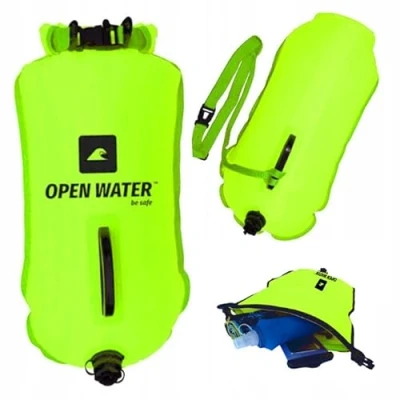 Abbildung von OPENWATER aufblasbare Schwimmboje XL — große Sicherungsboje mit Tasche für Dinge 28L Neongrün