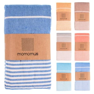 Abbildung von MOMOMUS Fouta XXL, Sandfrei, mit Fransen Großes Strandtuch aus Baumwolle, Sandabweisend Ideal für Picknicks am Strand Blau, 210x240 cm