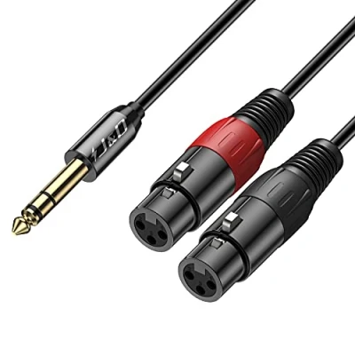 Abbildung von J&amp;D 6,35 mm (1/4 Zoll) TRS Stecker auf Dual XLR Weiblich Y Splitter Kabel, 2 zu 6,35mm 1/4&quot; Männlich Unbalanced Stereo Audio Patch Adapterkabel für Mic Mixer, 1,8 Meter