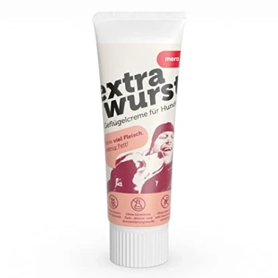 Abbildung von MERA Extrawurst Light getreidefreie Hundeleberwurst, 75g Tube mit viel Geflügel Frischfleisch und wenig Fett, Trainingsleckerli für ausgewachsene Hunde Welpen, ohne Zucker Salz