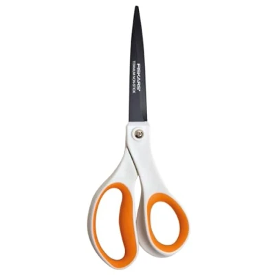 Abbildung von Fiskars Antihaft Universalschere, Länge: 21 cm, Titan Beschichtung/Rostfreie Stahl Klinge/Kunststoff Griffe, Weiß/Orange, 1004721