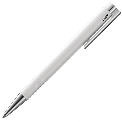 Abbildung von LAMY logo M+ Kugelschreiber 204 aus bruchfestem Kunststoff in der Farbe weiß mit verchromter Spitze und Drücker, inkl. Großraummine M 16 Strichbreite blau