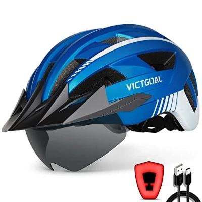 Abbildung von VICTGOAL Fahrradhelm Herren Damen MTB Helm mit Abnehmbarer Magnetische Schutzbrille Visier Atmungsaktiv 21 Belüftungskanäle Radhelm Einstellbare Fahrradhelme (XL: 59 63cm, Metalblau)
