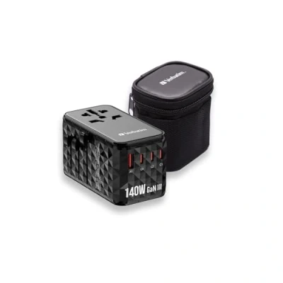 Abbildung von Verbatim GaN Universal Reiseadapter UTA‑10, 140 W, Steckdosenadapter mit USB‑A und 3 USB C Anschlüssen, Schnellladegerät für Laptop, Handy, Kamera Co, Reisestecker weltweit einsetzbar, 100 250 V