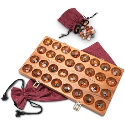 Abbildung von LOGOPLAY Hus Spiel mit Metallverschlüssen für 2 Spieler Bao Kalaha Edelsteinen und Stoffbeutel klein + groß