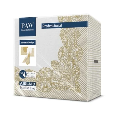 Abbildung von PAW Servietten aus Airlaid Stoffähnlich (40 x 40 cm) I 50 Stück Ideal für Hochzeit, Taufe, Kommunion, Geburtstag Tischdeko Rückseite Muster Weiß gold Reverse Royal Lace white