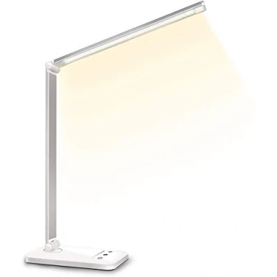 Abbildung von SLATOR Schreibtischlampe LED Dimmbare Tischleuchte 5 Farb und 10 Helligkeitsstufen Nachttischlampe USB Anschluss für Aufladung des Smartphones Leselicht Leser, Kinder, QM019, Aluminium, Silver