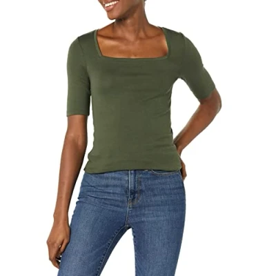Abbildung von Amazon Essentials Damen Halbarm T Shirt mit eckigem Ausschnitt in schmaler Passform, Olivgrün, XXL