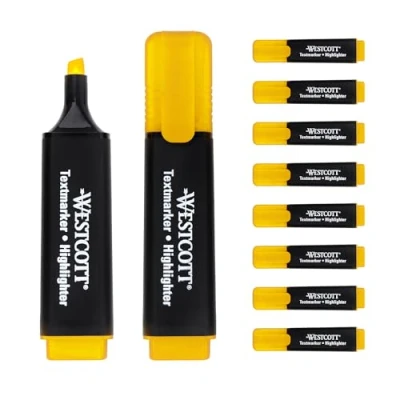 Abbildung von Westcott Textmarker 10 Stück Gelb 10er Pack Highlighter Marker in leuchtendem 2 5 mm Strichstärke Premium Tinte aus Deutschland E 743687 00