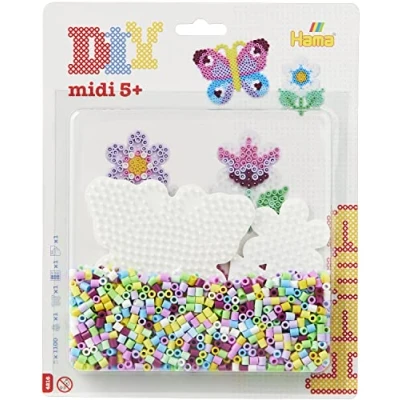 Abbildung von Hama Perlen 4216 Bügelperlen Blume und Schmetterling, Geschenktüte mit ca. 1100 Midi Perlen, inkl. 2 geformten Stiftplatten, Motivvorlage, Bügelpapier, für Kinder ab 5 Jahren