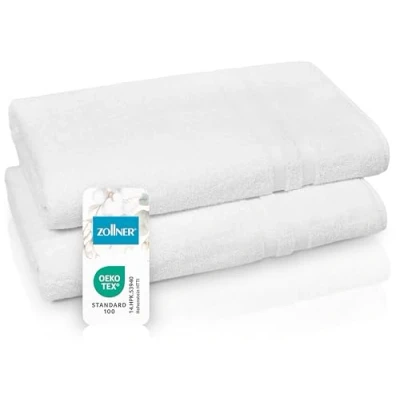 Abbildung von ZOLLNER 2er Set Saunatücher in 70x180 cm Flauschige Handtücher aus Baumwolle mit moderner Streifenbordüre waschbar bis 95C praktischem Aufhänger weiß Hotelqualität
