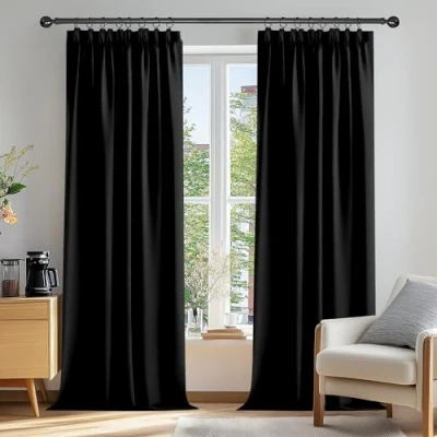 Abbildung von Deconovo Vorhänge Verdunkelungsgardinen mit Kräuselband Gardinen Schlafzimmer Kinderzimmer Hitzeschutz, 229x117 cm(HöhexBreite), Schwarz, 2er Set