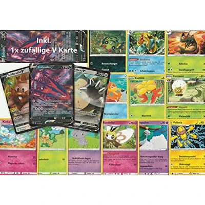 Abbildung von Pikachu Pokemon Karten, 20 verschiedene, 1 zufällige seltene V oder VMax Karte in jeder Packung deutsche Originalkarten