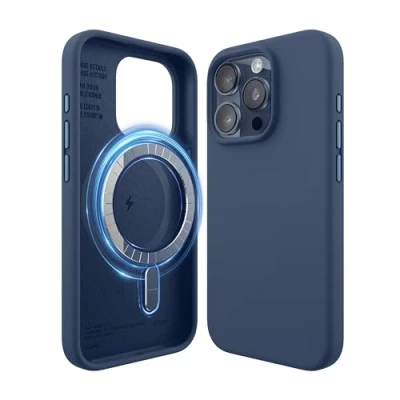 Abbildung von elago Magnetische Silikonhülle Kompatibel mit iPhone 15 Pro Hülle, MagSafe Alles Zubehör, Integrierte Magnete, Premium Silikon, Ganzkörper Schutzhülle [5 Lagige Struktur] (Dunkelblau)