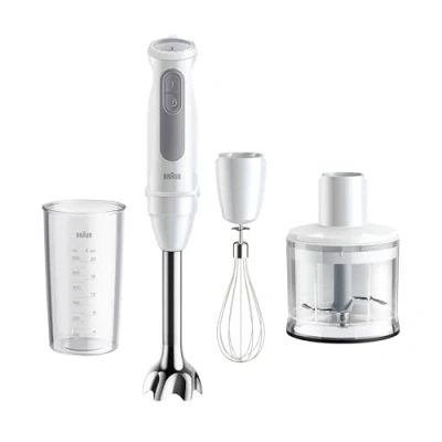Abbildung von Braun Stabmixer MultiQuick 5 MQ 50236 M, 1000W, 21 Geschwindigkeitsstufen+Turbo, Edelstahl Pürierfuß, Easy Click System, SplashControl, Inkl. 500ml Zerkleinerer, Schneebesen, 600ml Becher, Weiß