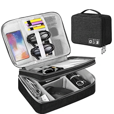Abbildung von HCFGS Organizer Tasche, Reise Elektronik Etui 3 Schicht Grosse Kapazität Multifunktional Wasserdicht Stoßfest Case für Kabel, ipad, Ladegerät, Handy, Festplatten, Powerbank, etc (Schwarz)