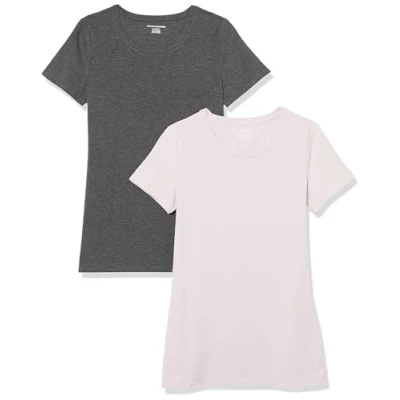 Abbildung von Amazon Essentials Damen Kurzärmeliges T Shirt mit Rundhalsausschnitt, Klassischer Schnitt, 2er Pack, Dunkelgrau Meliert/Hellviolett, S