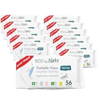 Abbildung von Eco by Naty Spülbare Baby Feuchttücher 100% Wasser kompostierbare und pflanzliche Tücher, chemikalienfreie hypoallergene Babytücher, sicher für empfindliche Babyhaut (12 x 56 672 Stück)